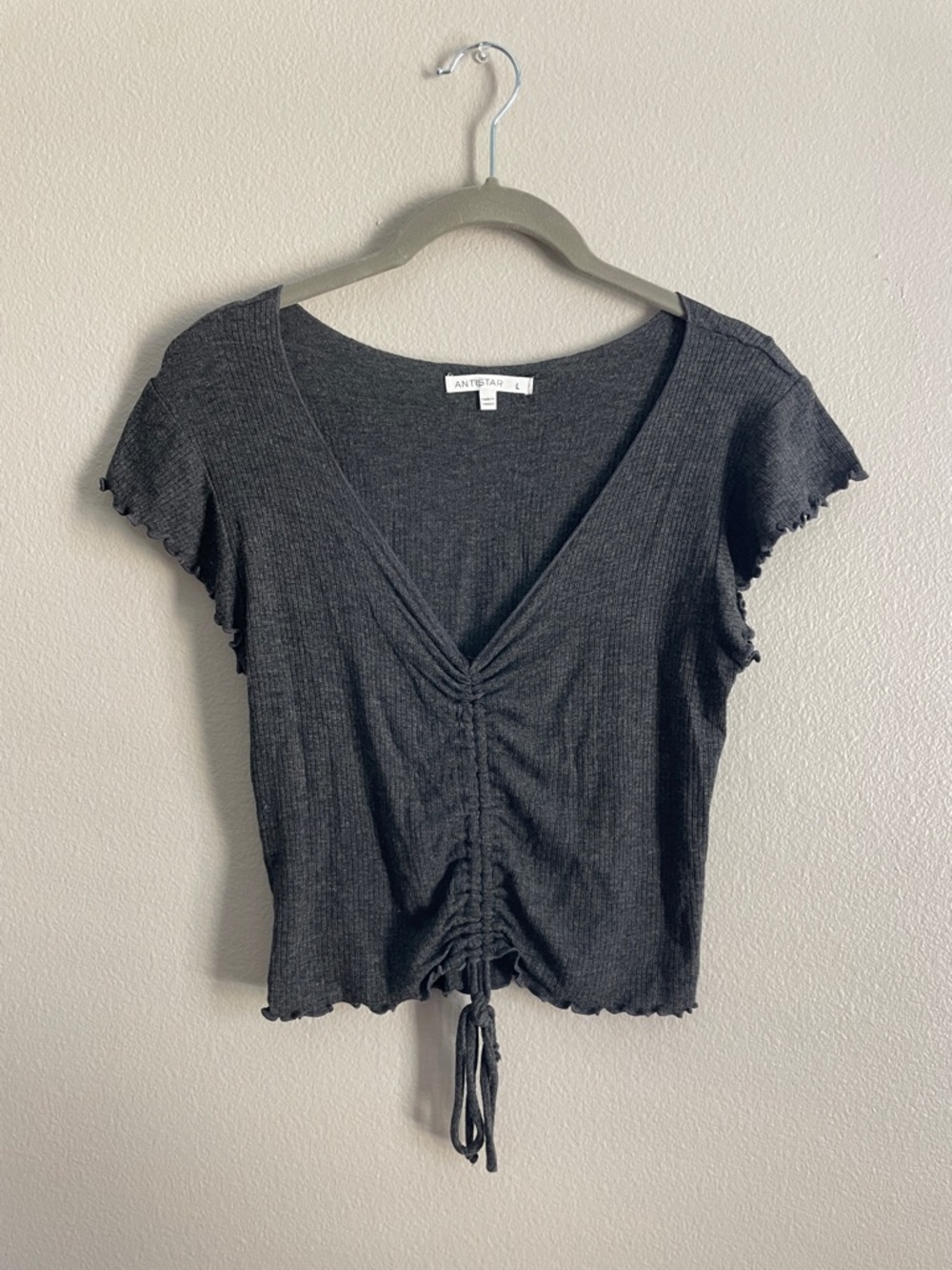 Anthro-inspired Charcoal Ruched V-Neck Drawstring Crop Top